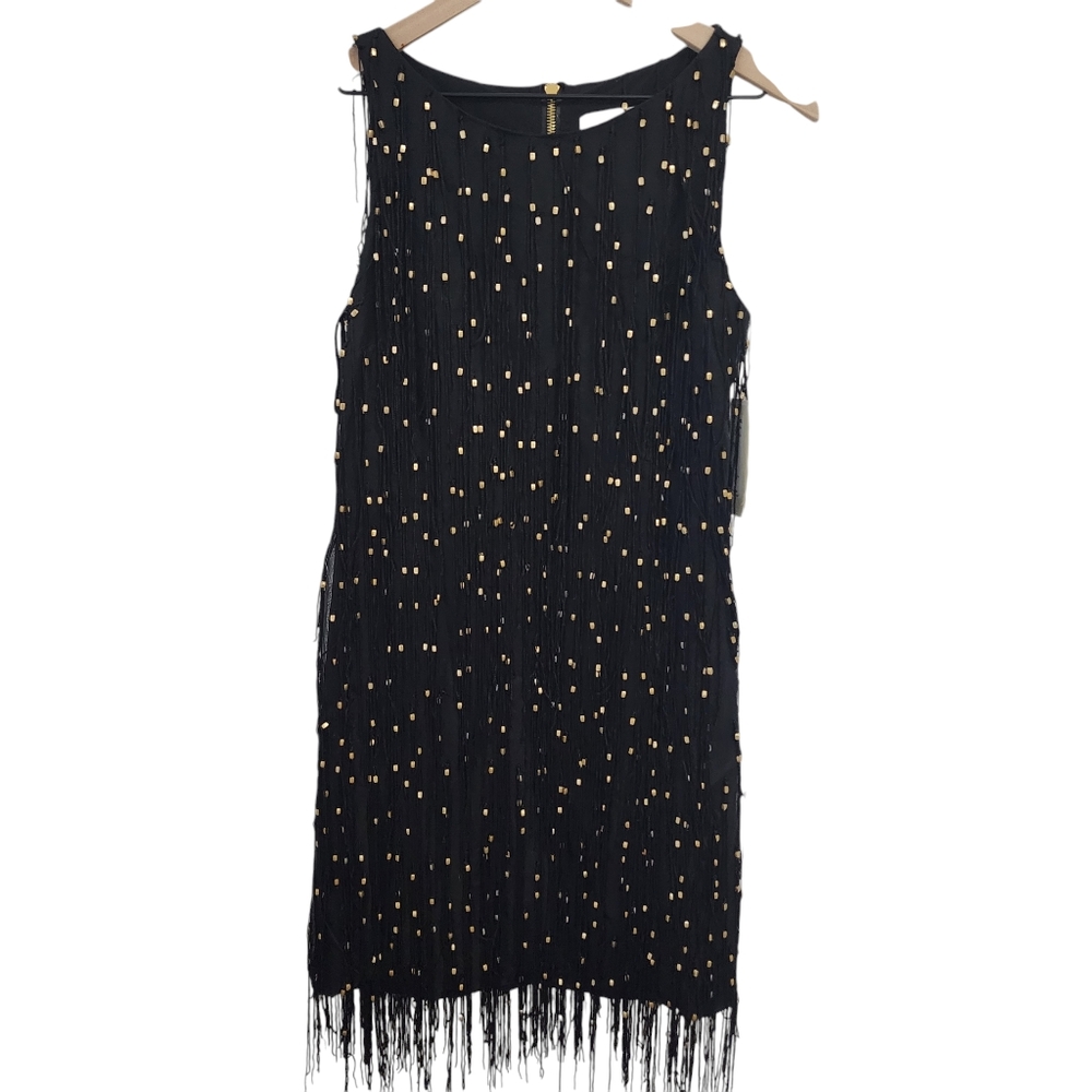 NEW Bagley Mischka Collection Silk Gold Bead Fringe Sleeveless Flapper Dress - Picture 8 of 12